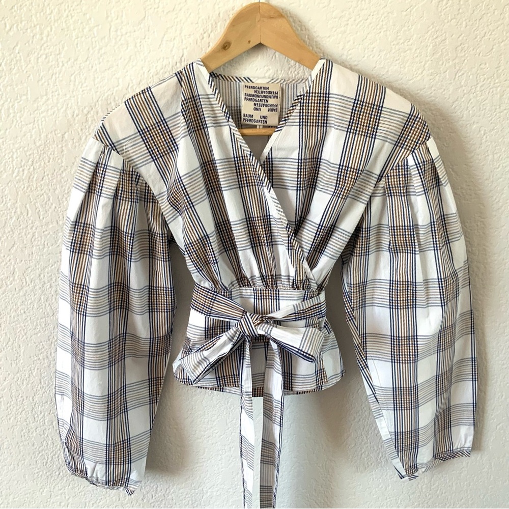 Plaid Wrap Blouse with Tie Waist - White and Navy